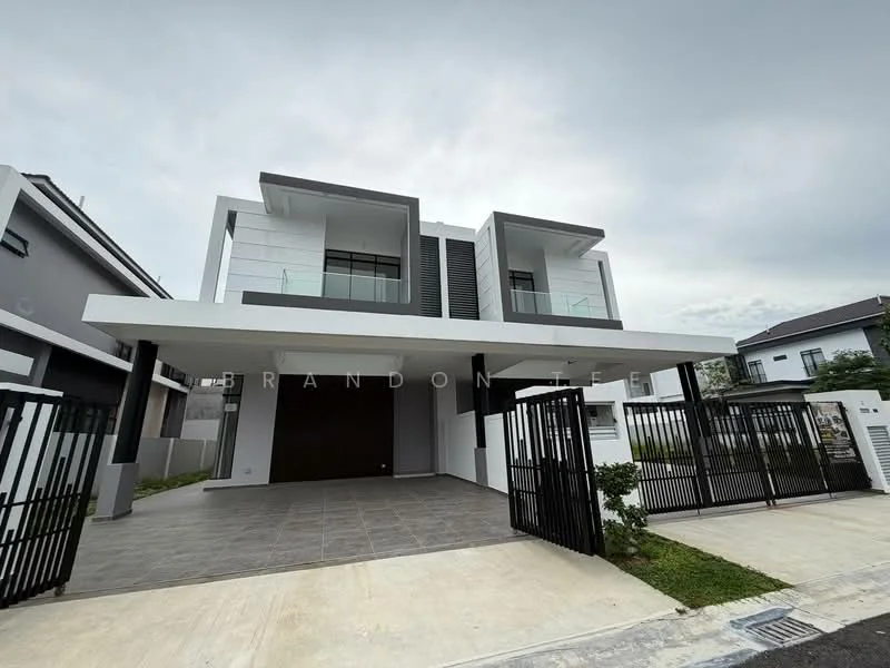 Exterior type: detached bungalow; features: white painted facade, grey accent walls, flat roof, double-volume main entrance, glass balcony railings, manicured lawn, paved driveway, gated entry, two-storey structure, large windows, modern architectural design; style: modern.