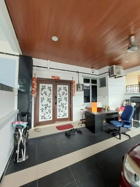 Room features: wooden ceiling, white painted walls, black tiled flooring, cream tiled flooring, double wooden doors with decorative glass, wall-mounted air conditioning unit, office desk, office chair, shoe rack, decorative wall hangings, window with glass panes; style: modern.