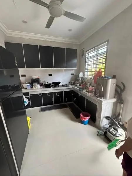 Kitchen features: black cabinetry with flat-panel doors, white marble countertop, stainless-steel sink, chrome pull-down faucet, built-in gas stove, exhaust hood, black refrigerator, tile flooring, window with grid pattern, ceiling fan, various kitchen appliances, trash bin, cleaning supplies, open shelving; style: modern.