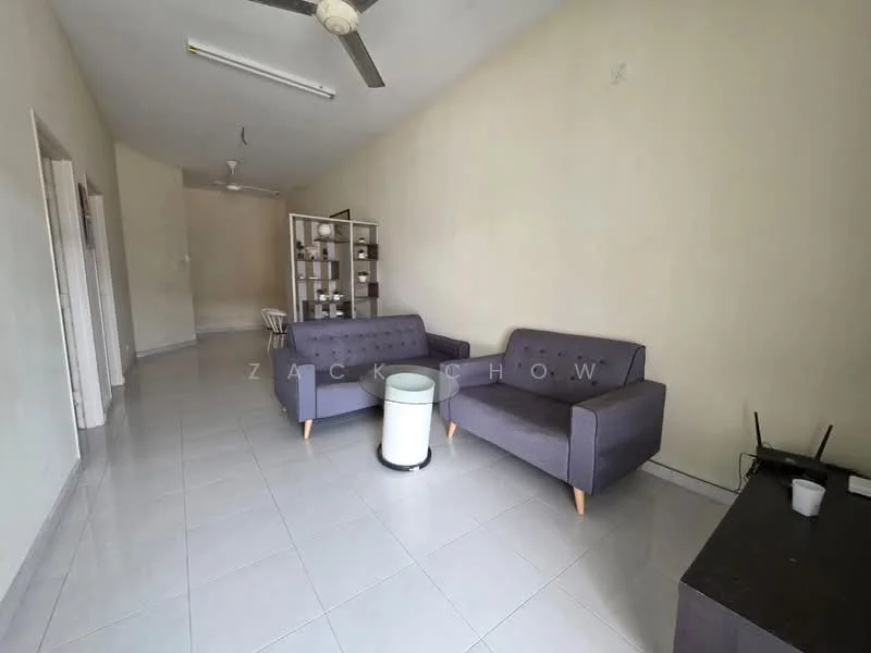 Living features: 2-seater fabric sofa in grey, white coffee table, TV console, wall-mounted TV, ceiling fan, white painted walls, glossy tile flooring, natural light from windows; style: modern.