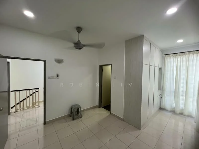 Room features: white painted walls, tile flooring, 5-blade ceiling fan, large window with sheer curtains, built-in wardrobe, doorway leading to another room, doorway leading to hallway, light fixtures in ceiling; style: modern.