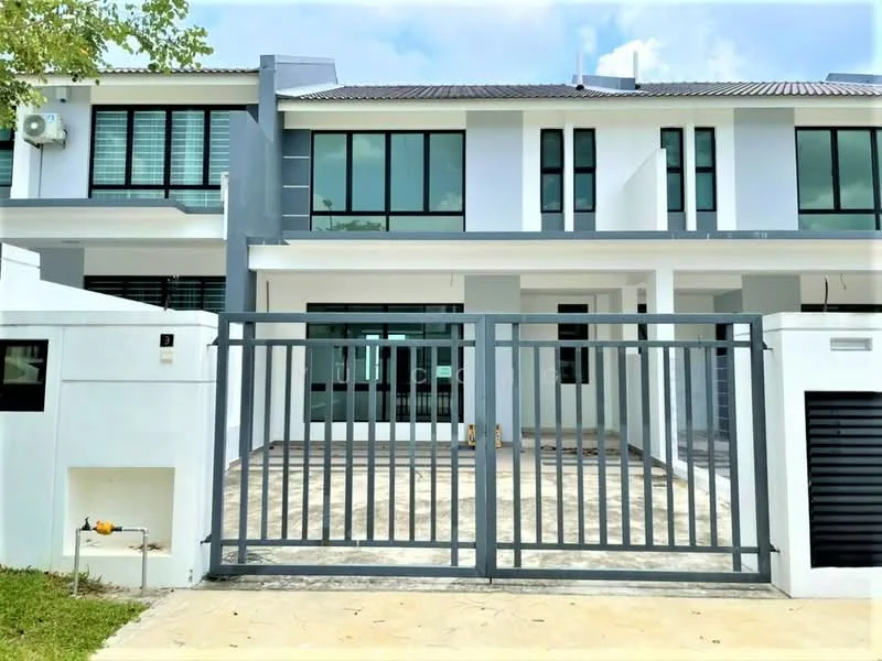 Exterior type: linked terrace house; features: grey painted facade, white painted facade, large windows with black frames, double-storey structure, front yard with paved walkway, metal gate, concrete driveway, air conditioning unit visible on wall, manicured lawn, surrounded by greenery; style: modern.