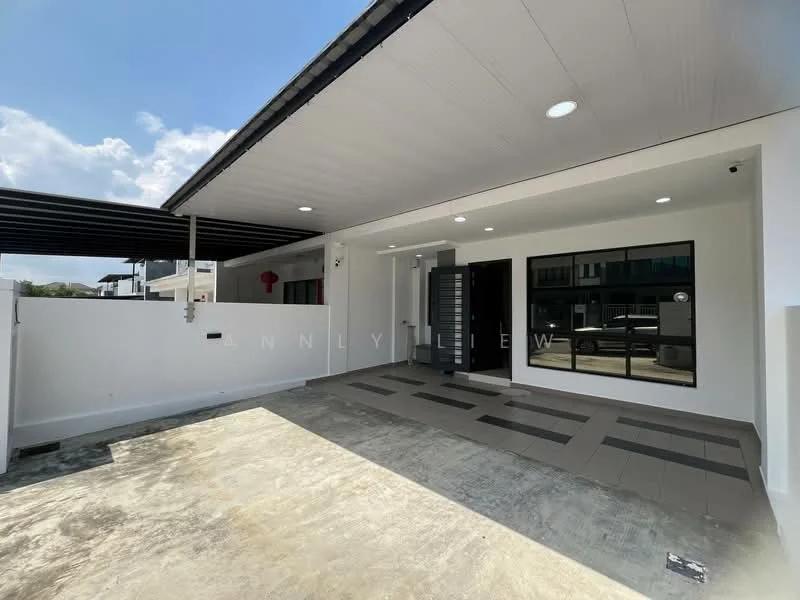 Exterior type: linked terrace house; features: flat roof, white painted facade, large glass windows, grey tiled flooring, covered car porch, manicured lawn, concrete wall, modern entrance door, outdoor lighting, paved walkway; style: modern.