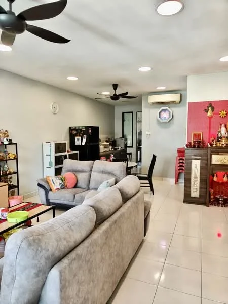 Living features: 2-seater fabric sofa in grey, 3-seater fabric sofa in grey, coffee table, wall-mounted TV, ceiling fan with light, recessed LED downlights, white painted walls, glossy tile flooring, open shelving unit, black dining chair, black dining table, refrigerator, air conditioning unit; style: modern.