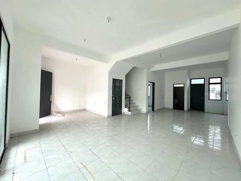 Room features: white painted walls, glossy white tile flooring, high ceiling, large windows, staircase, multiple doorways, natural light, open layout; style: modern.