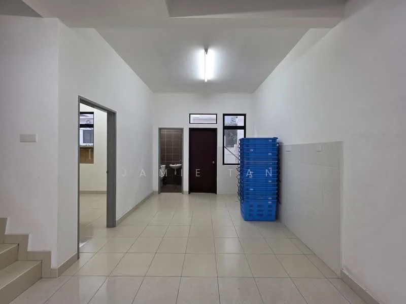 Room features: white painted walls, tile flooring, fluorescent ceiling light, two windows, doorway leading to bathroom, doorway leading to another room, blue plastic storage bins, light switch, wall-mounted electrical outlet; style: modern.