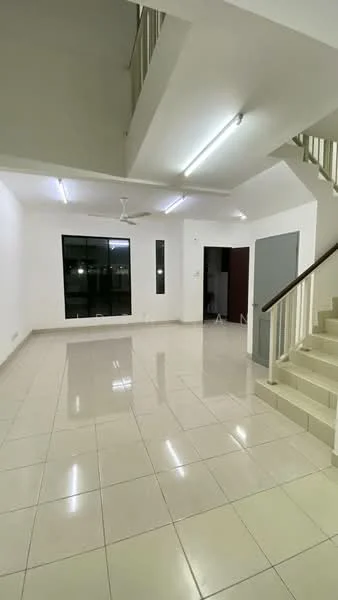 Room features: white painted walls, glossy ceramic tile flooring, ceiling with recessed lighting, 5-blade ceiling fan, large window with black frame, staircase with wooden railing, open layout, neutral color scheme; style: modern; view: city.