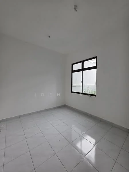 Room features: white painted walls, grey tiled flooring, single window, natural light from window, no visible furniture, plain ceiling, light fixture, minimal decor; style: minimalist; view: garden.