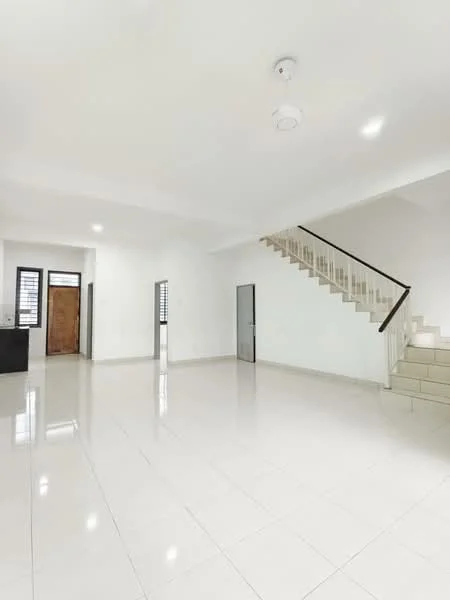 Living features: white painted walls, polished ceramic tile flooring, recessed downlights, ceiling fan, staircase with wooden handrail, large windows, main entrance door, interior door, open layout; style: modern.