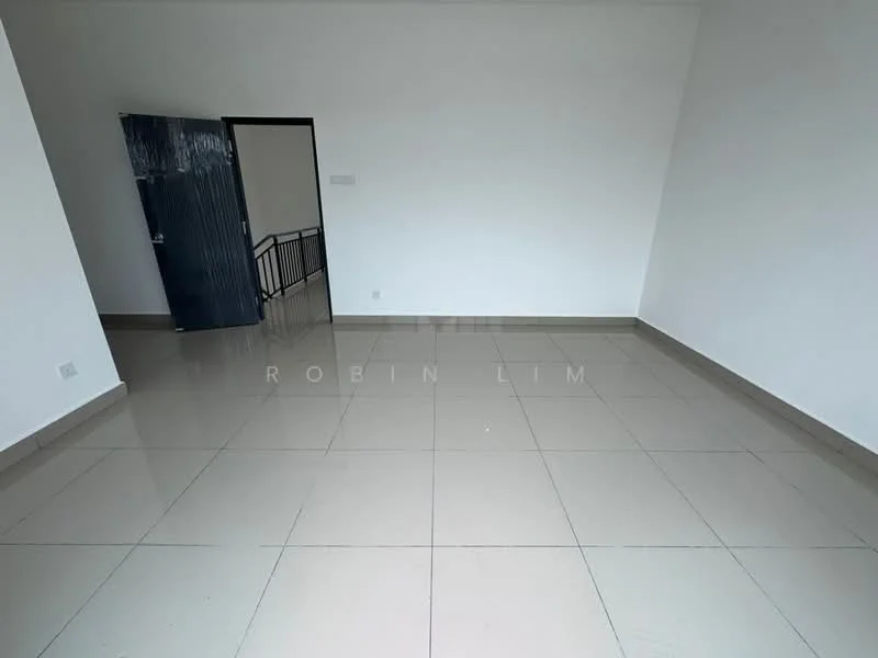 Room features: white painted walls, glossy ceramic tile flooring, single door, window with no visible treatment, neutral color scheme, minimal decor, open space layout, no visible furniture; style: minimalist.