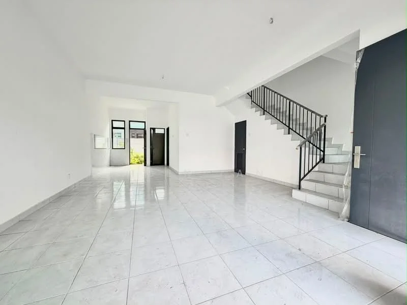 Room features: white painted walls, glossy ceramic tile flooring, staircase with metal railing, large windows allowing natural light, open layout, high ceiling, door leading to outdoor area, door leading to another room; style: modern; view: garden.