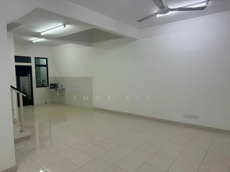Room features: white painted walls, glossy ceramic tile flooring, ceiling with recessed lighting, ceiling fan, window with grid design, kitchenette area with sink, stainless-steel sink, wall-mounted cabinets; style: modern.