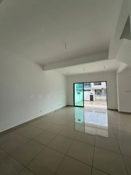 Room features: white painted walls, polished ceramic tile flooring, large glass sliding door, natural light from window, high ceiling, recessed ceiling lights; style: modern; view: garden.