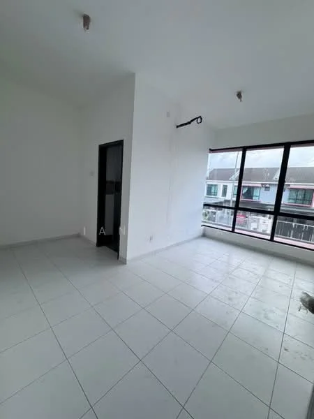 Room features: white painted walls, tile flooring, large windows, window treatments, ceiling lights, corner space, neutral color scheme; style: modern; view: city.