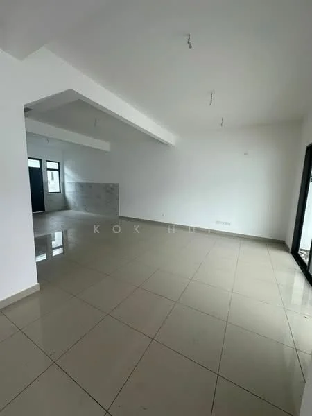 Room features: white painted walls, polished ceramic tile flooring, exposed ceiling beams, large windows, sliding glass door, natural light, open layout, neutral color scheme; style: modern.