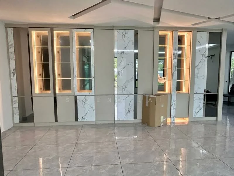 Room features: marble feature wall, built-in cabinetry with glass display shelves, LED strip lighting, grey cabinetry, white cabinetry, polished tile flooring, large windows, open layout; style: modern.
