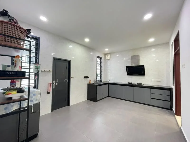 Kitchen features: grey cabinetry, white marble backsplash, black countertop, built-in oven, stainless-steel range hood, 4-burner gas hob, single-bowl stainless-steel sink, wall-mounted microwave, recessed LED downlights, floor-to-ceiling windows, grey tile flooring, open shelving, kitchen island, door to hallway; style: modern.