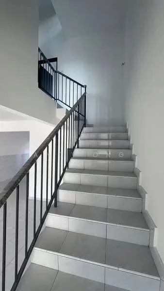 Room features: white painted walls, grey tiled flooring, metal railing, staircase with steps, natural light from upper level; style: modern.