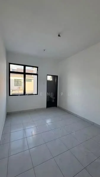 Room features: white painted walls, tile flooring, two large windows, single light fixture on ceiling, doorway leading to another room, no visible furniture or decor; style: minimalist.