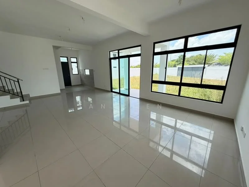 Living features: large floor-to-ceiling windows, sliding glass door, white painted walls, polished ceramic tile flooring, high ceiling, natural light, open layout, view of outdoor space; style: modern; view: garden.