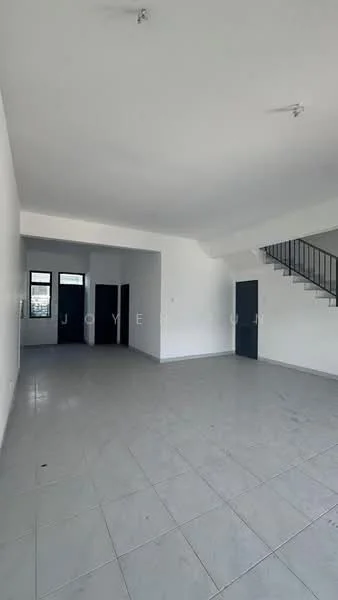 Room features: white painted walls, grey tiled flooring, staircase with metal railing, large windows, high ceiling, open layout, no visible furniture, neutral color scheme; style: modern.