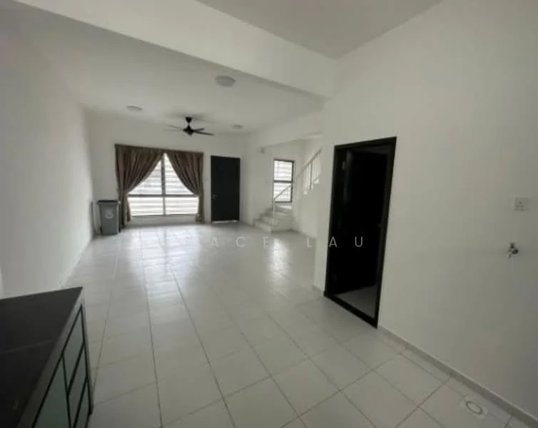 Living features: white painted walls, tile flooring, 5-blade ceiling fan, large windows with sheer curtains, black door, staircase, recessed downlights, corner cabinet, open layout; style: modern.