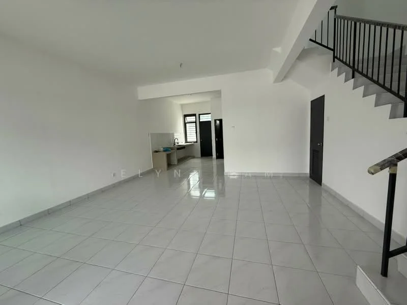 Room features: white painted walls, glossy ceramic tile flooring, large windows, open layout, staircase with metal railing, kitchen area visible in the background, high ceiling, neutral color scheme; style: modern.