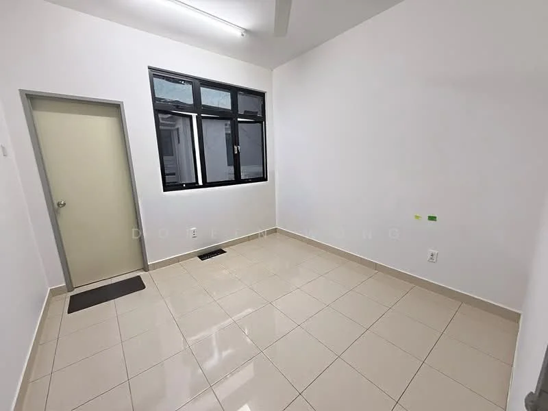 Room features: white painted walls, glossy ceramic tile flooring, single-pane windows, ceiling light fixture, air vent on floor, door to adjacent room, no visible furniture, neutral color scheme; style: minimalist.
