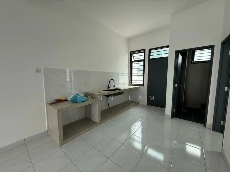 Kitchen features: white tiled flooring, white walls, single-bowl stainless-steel sink, chrome pull-down faucet, countertop with light grey finish, kitchen cabinetry, window with horizontal slats, door leading to bathroom, open layout, natural light from windows; style: modern. Room features: door leading to another room, grey painted door, window with horizontal slats.