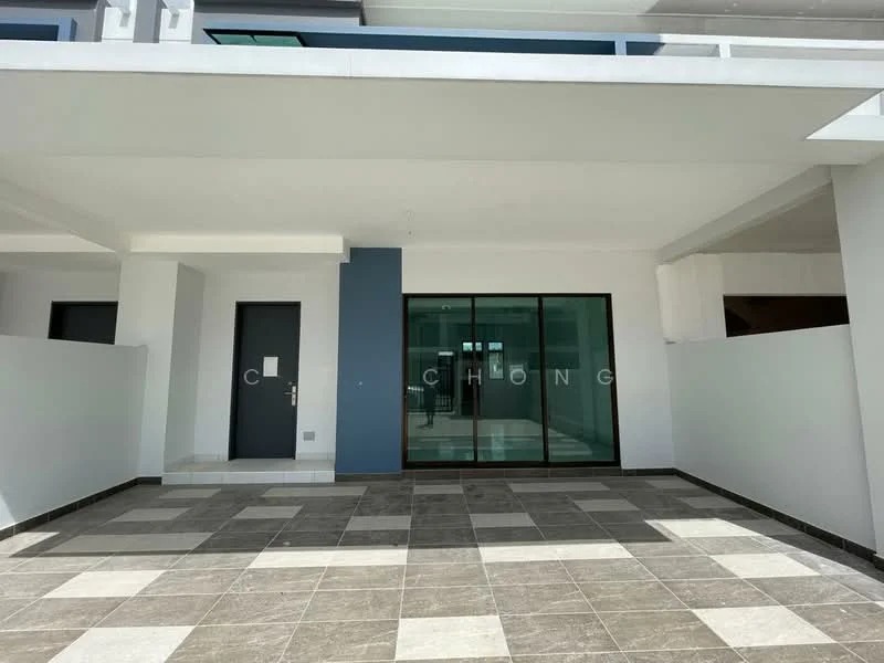 Exterior features: grey tiled flooring, white painted walls, glass sliding door, single main entrance door, open patio area, modern architectural design; style: modern.