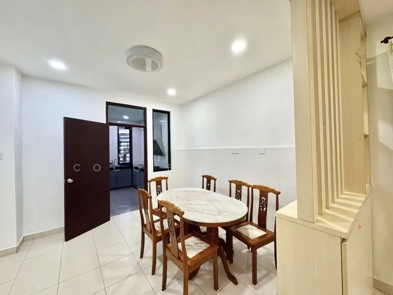Dining features: round marble dining table, 8 wooden dining chairs, white painted walls, tile flooring, recessed downlights, door leading to another room, large windows for natural light, ceiling fan; style: modern.