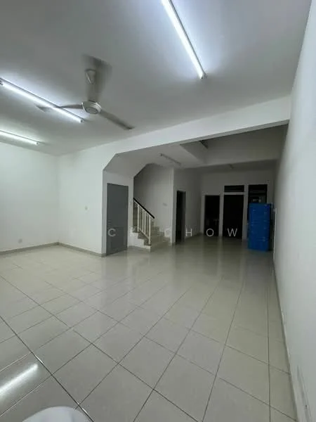 Room features: white painted walls, glossy ceramic tile flooring, recessed LED downlights, 5-blade ceiling fan, staircase with white railing, large windows, door leading to outdoor area, open layout; style: modern.