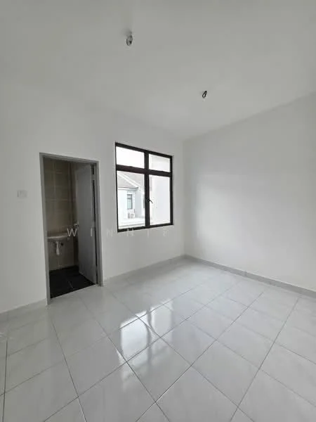 Room features: white painted walls, grey tiled flooring, large window, doorway leading to bathroom, ceiling light fixture, neutral decor; style: modern.