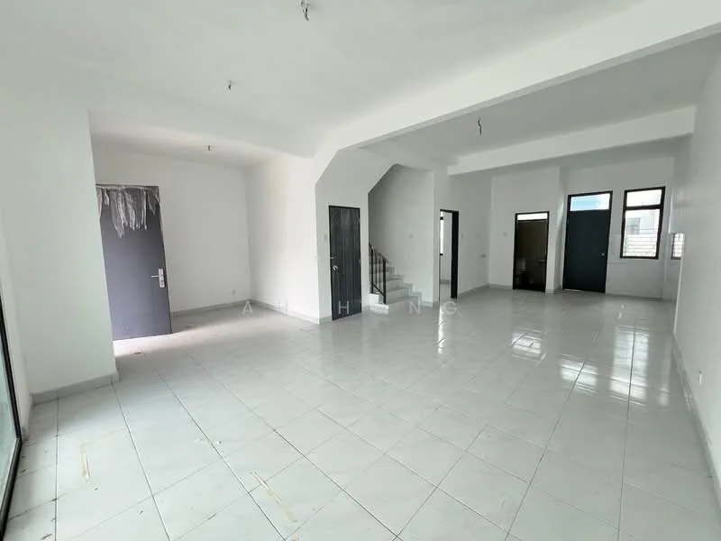 Room features: white painted walls, glossy white tile flooring, sliding glass door, multiple windows, staircase visible, two doors, open layout, high ceiling; style: modern.