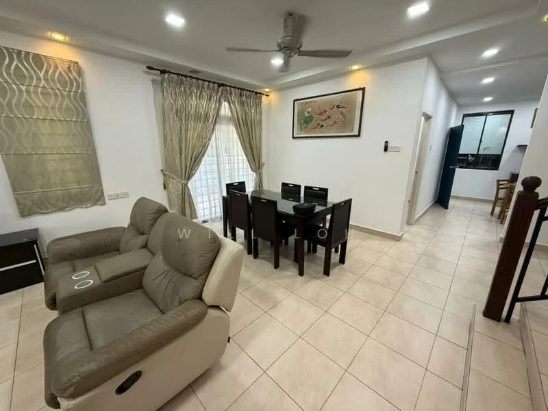 Living features: beige leather sofa, 2-seater sofa, coffee table, dining table with 4 chairs, ceiling fan, wall-mounted artwork, curtains, tile flooring, white painted walls, recessed lighting; style: modern. Dining features: dining table with 4 chairs, tile flooring, white painted walls, recessed lighting; style: modern.