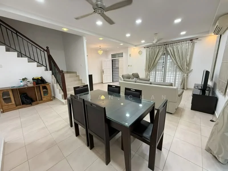 Dining features: 6-seater dining table with glass top, black dining chairs, ceiling fan with light, tile flooring, white painted walls, large windows with sheer curtains, open layout to living area, decorative wall lighting; style: modern. Living features: fabric sofa in light color, coffee table, TV console, wall-mounted TV, white painted walls, large windows with sheer curtains, tile flooring, decorative wall lighting; style: modern.