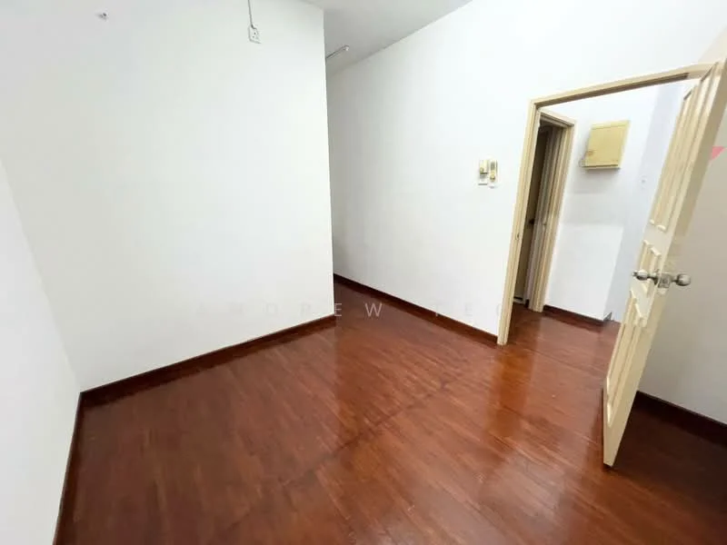 Room features: white painted walls, wooden flooring, single door, light fixture on ceiling, air conditioning unit, corner room, no visible furniture.