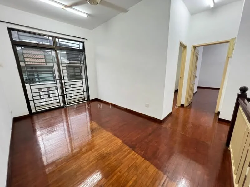 Room features: wooden flooring, white painted walls, sliding glass door, floor-to-ceiling windows, ceiling fan, doorway leading to another room, doorway leading to hallway, natural light from windows; style: modern.