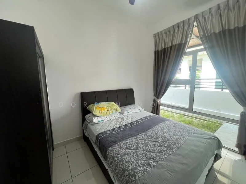 Bedroom features: queen-size bed, upholstered headboard, bedding with decorative pillows, nightstand, built-in wardrobe, floor-to-ceiling windows, curtains with a grey and cream pattern, tile flooring, ceiling fan, greenery view from window; style: modern; view: garden.