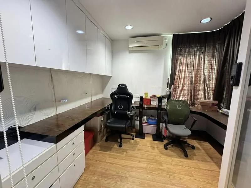 Study features: white cabinetry, black countertop, wooden flooring, 1 wall-mounted split AC, 2 office chairs, window with sheer curtains, box storage, task lighting, built-in shelving; style: modern.