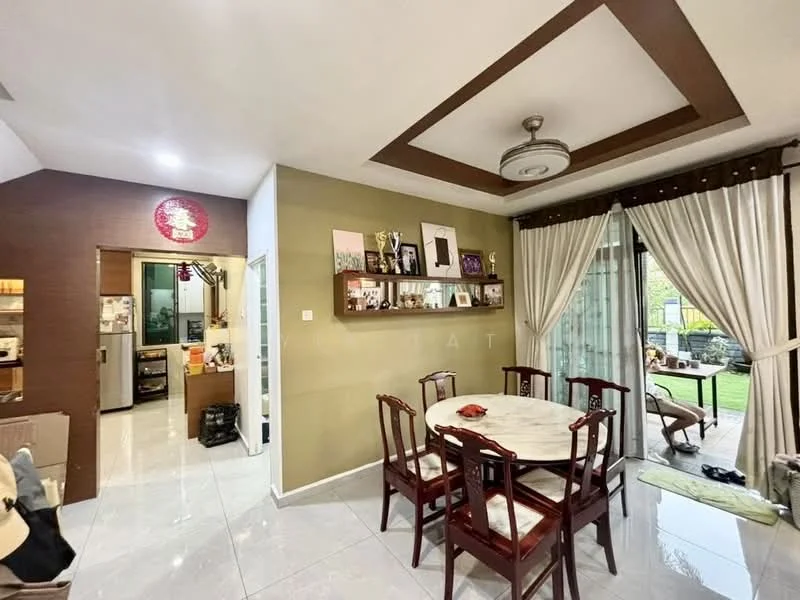 Dining features: round dining table, wooden dining chairs, cream walls, tray ceiling with recessed lighting, floor-to-ceiling sliding glass door, sheer curtains, decorative wall with photo frames, tile flooring; style: modern; view: garden. Kitchen features: open layout to dining area, kitchen visible in background, stainless-steel fridge, built-in cabinets, countertop, tile flooring; style: modern.