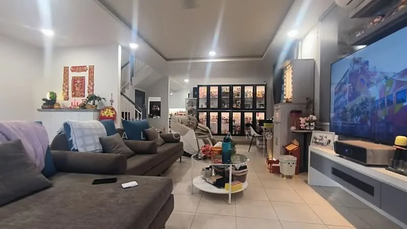 Living features: grey fabric sectional sofa, white coffee table, wall-mounted TV, decorative wall shelves, framed artwork on walls, recessed ceiling lights, tile flooring, air conditioning unit, decorative plants, open layout, light-colored walls, decorative mirror, area rug; style: modern.