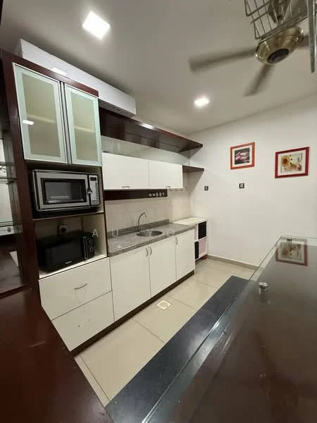 Kitchen features: white cabinetry with glass-front upper cabinets, grey countertop, stainless-steel sink, chrome pull-down faucet, built-in microwave, freestanding microwave, ceramic tile flooring, recessed downlights, ceiling fan, wall-mounted shelves, decorative wall art; style: modern.