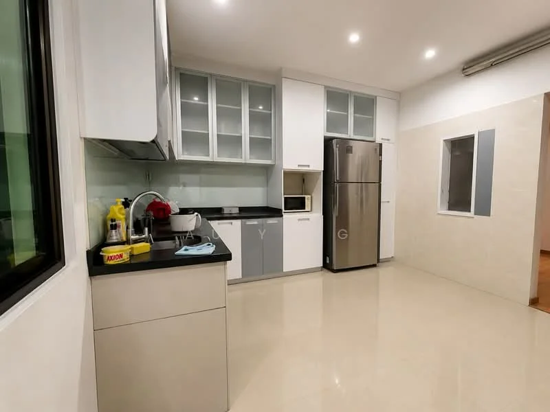 Kitchen features: white cabinets, grey cabinets, black countertop, stainless-steel fridge, built-in microwave, sink with faucet, glass-front upper cabinets, tile backsplash, ceramic tile flooring, window with view, open layout, kitchen island; style: modern.
