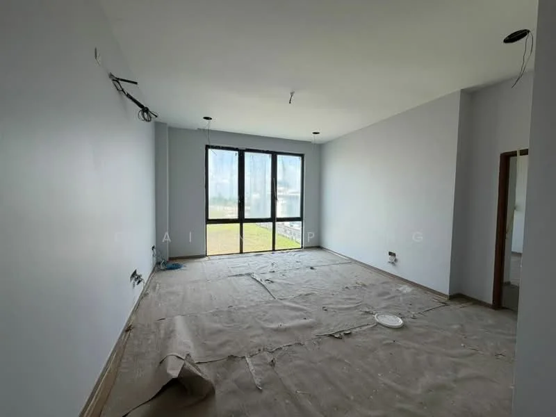 Room features: grey painted walls, unfinished flooring, large floor-to-ceiling windows, natural light, ceiling lights, unpainted ceiling, visible electrical wiring, window view of outdoor space; view: garden.