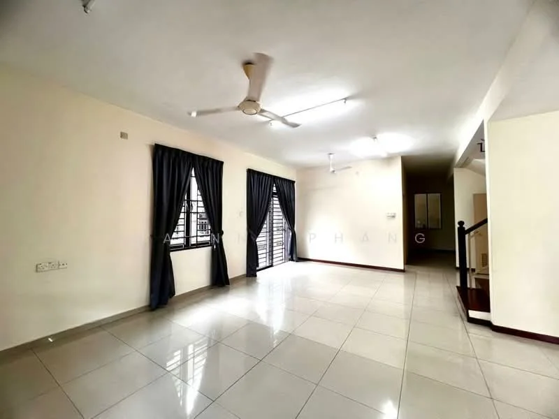 Living features: white painted walls, grey tiled flooring, 5-blade ceiling fan with light, two windows with black grills, blackout curtains, recessed ceiling lights, staircase leading to upper floor, open layout; style: modern.