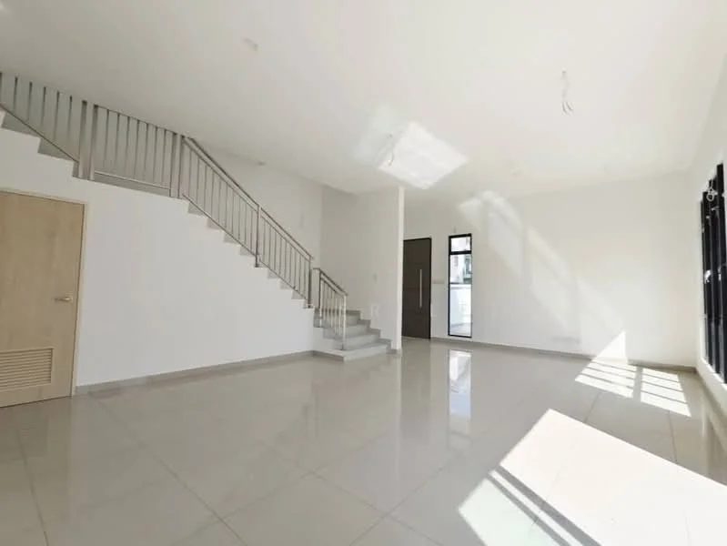 Living features: white painted walls, glossy ceramic tile flooring, large windows with black frames, staircase with metal railing, natural light from windows, no visible furniture, high ceiling, open layout; style: modern.