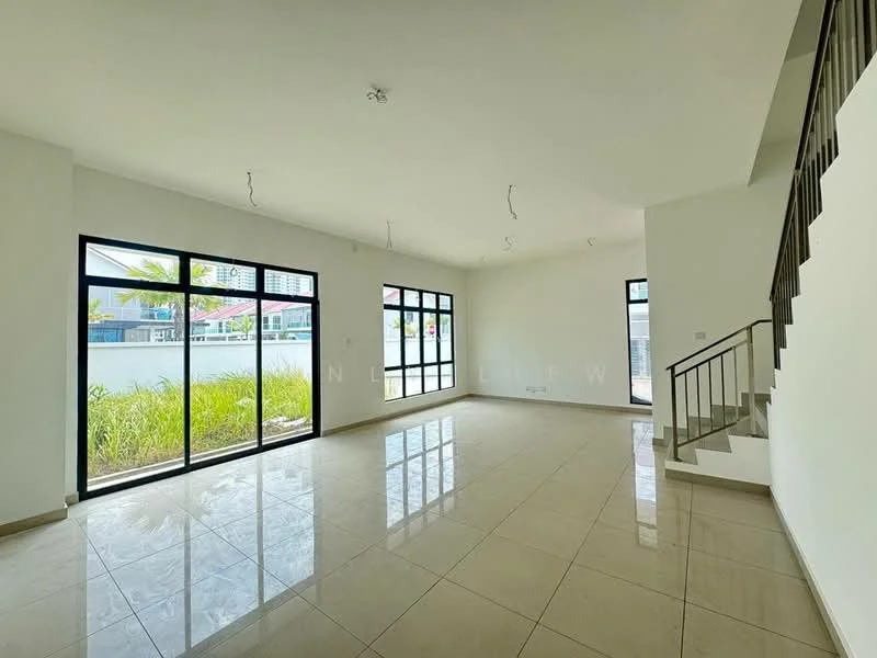 Living features: large floor-to-ceiling windows, white painted walls, polished ceramic tile flooring, recessed ceiling lights, open layout, staircase with metal railing, natural light from multiple angles, view of outdoor greenery; style: modern; view: garden.