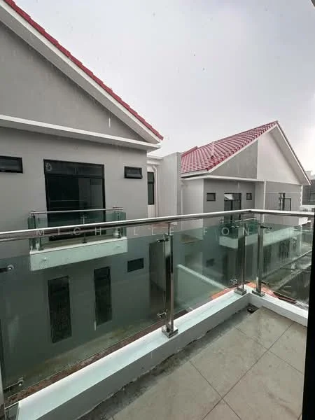 Room features: glass balcony railing, grey painted walls, red tiled roof, concrete flooring, multiple windows, overcast sky view; style: modern; view: city.
