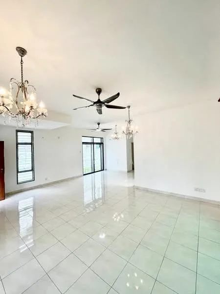 Living features: white painted walls, glossy ceramic tile flooring, 5-blade ceiling fan with light, 2 chandeliers, floor-to-ceiling windows, sliding glass door, natural light, open layout; style: modern.